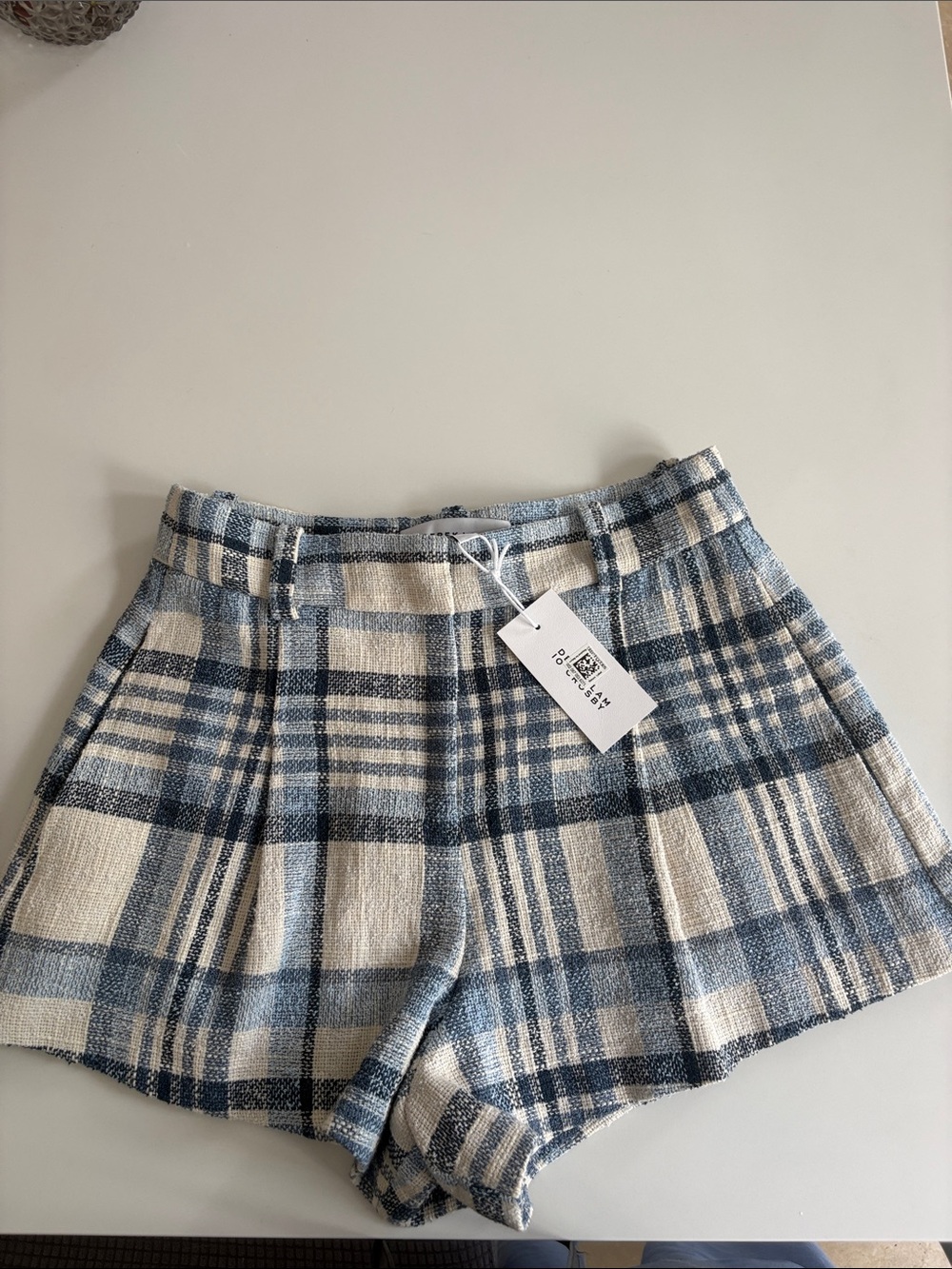 Derek Lam High-Waist Blue and Cream Plaid Shorts NWT